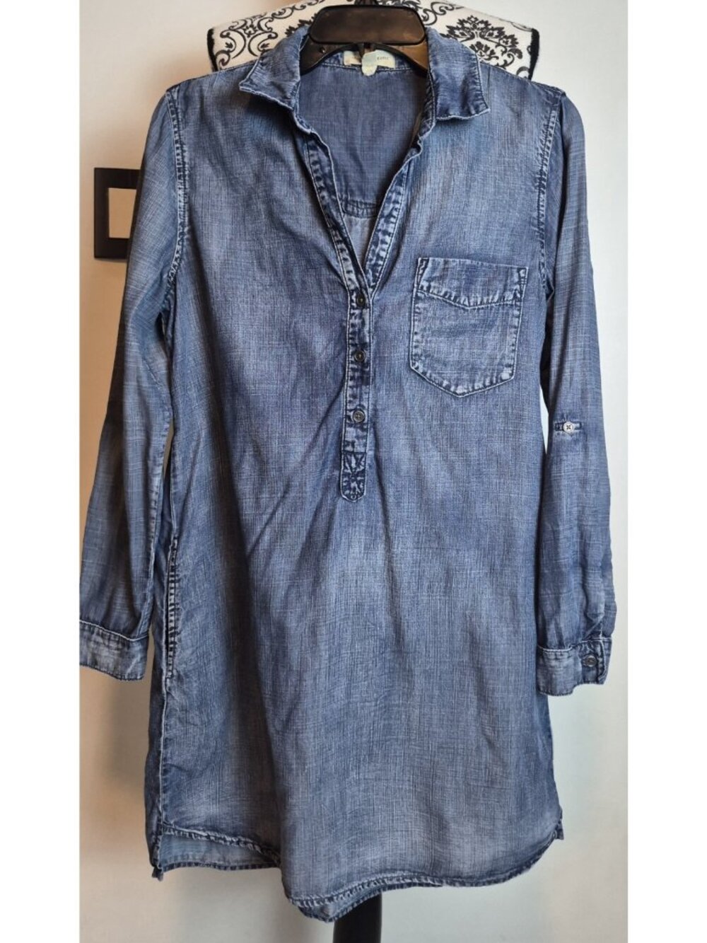 Anthropologie Cloth & Stone Chambray Shirt Dress Sz M Tencel Long Sleeve